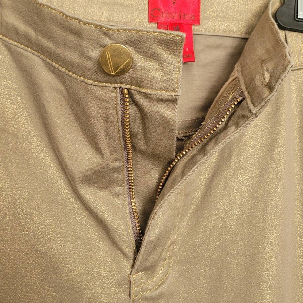 V CRISTINA Women's Mid Rise Pants Gold Shimmer Straight Stretch Jeans 14